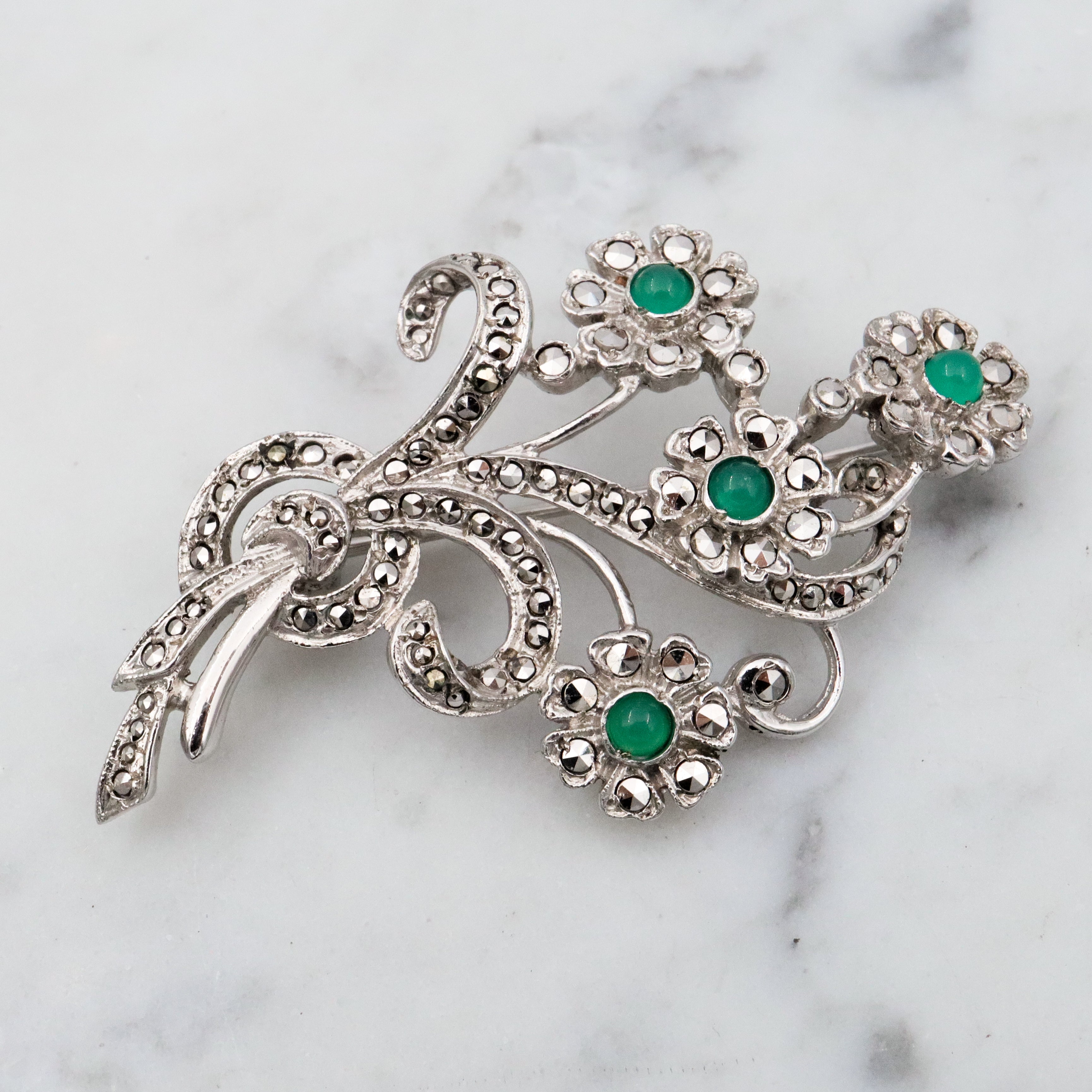 Antique Art Deco sterling marcasite flower brooch w/chrysoprase by Bliss Brothers